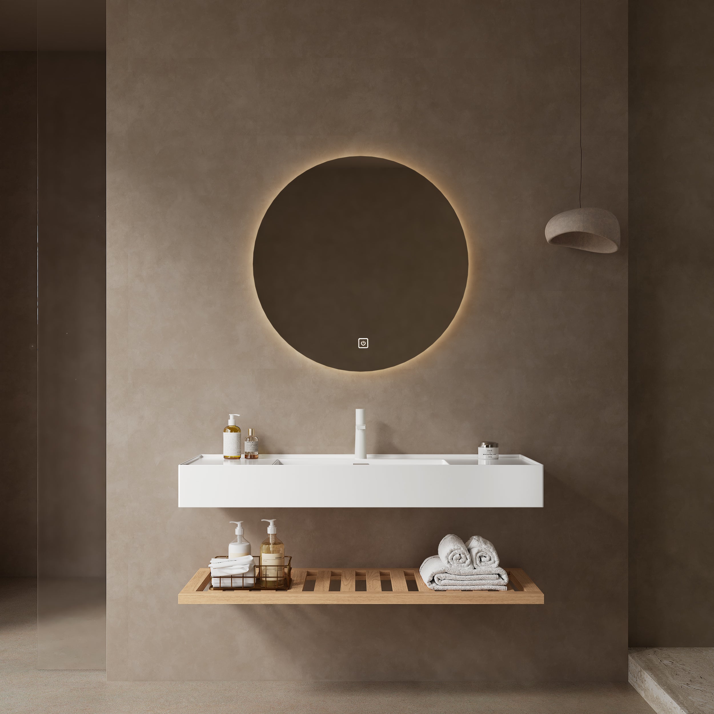 LEDE 48' Bathroom Vanity with Vessel Sink, Wall-Mounted Floating White Rectangular Acrylic Integrated Basin without Faucet, Striped Shelves Layer, Natural Woodgrain Color