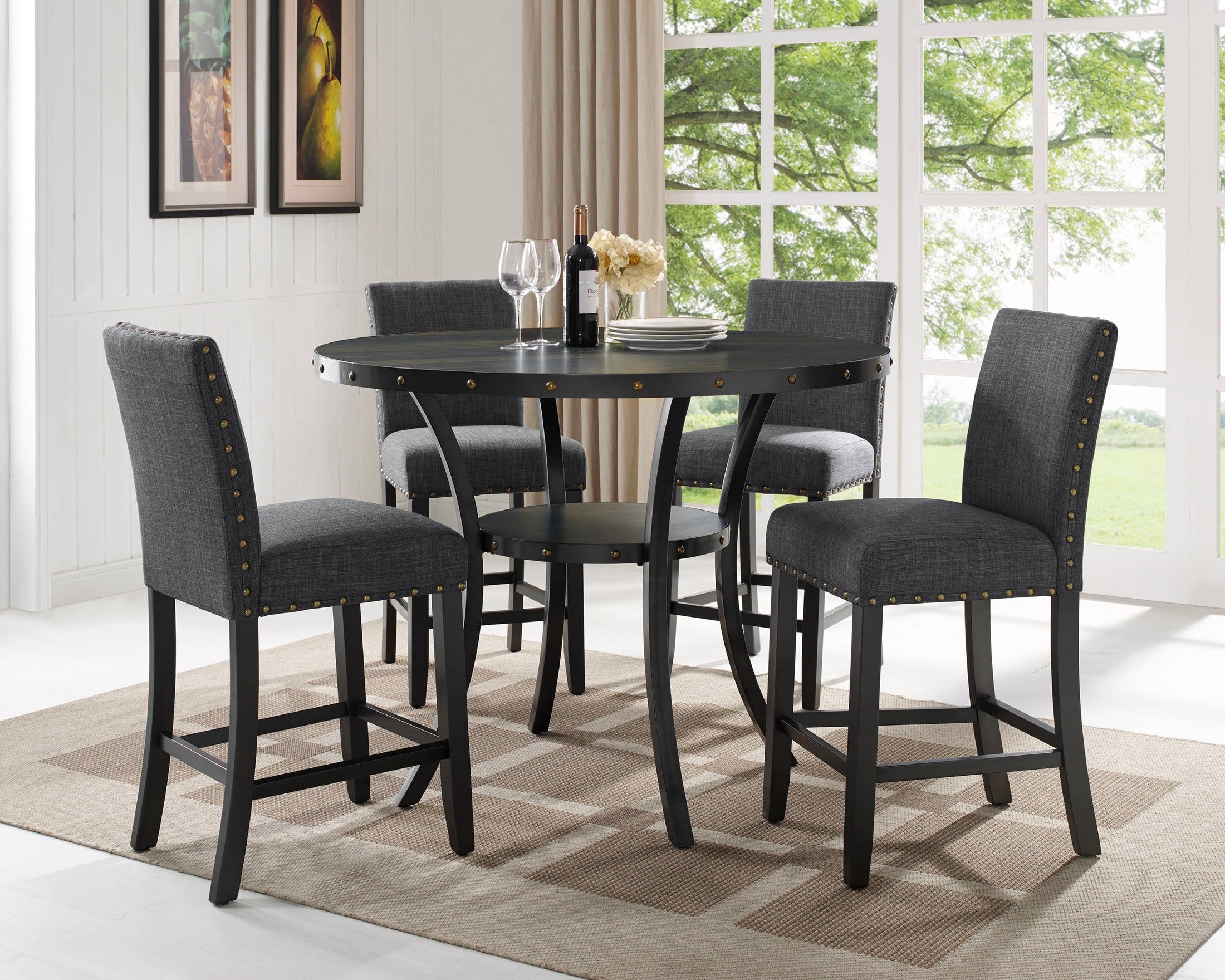 Biony Espresso Wood Counter Height Dining Set with Grey Fabric Nailhead Stools