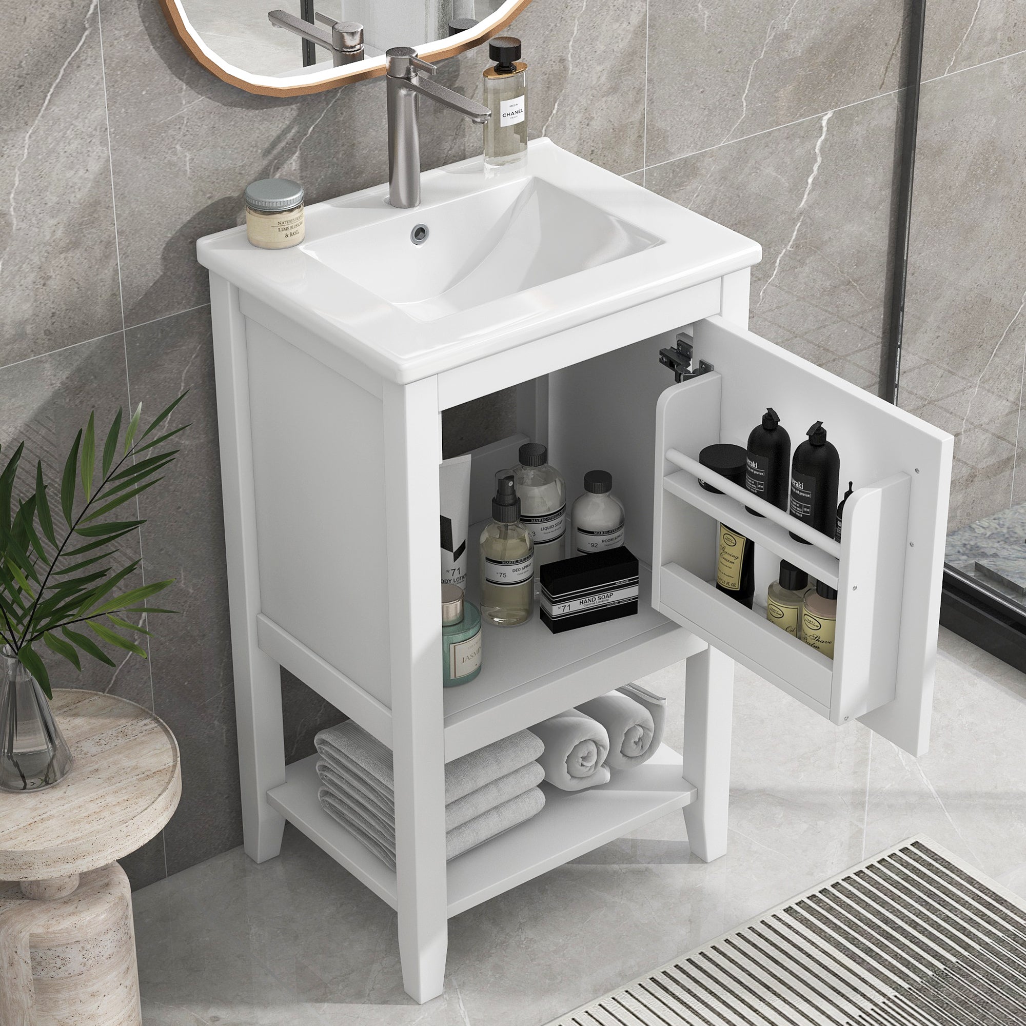 20' Bathroom Vanity with Sink, Bathroom Cabinet with Soft Closing Door, Storage Rack and Open Shelf, White(Old SKU:WF308492AAK)