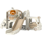 Qaba 9 in 1 Toddler Slide, Indoor Slide for Kids Ages 1-6, Car Themed Baby Slide with Basketball Hoop, Climber, Storage Space, Ring Toss, Telescope, Tunnel, Cream White