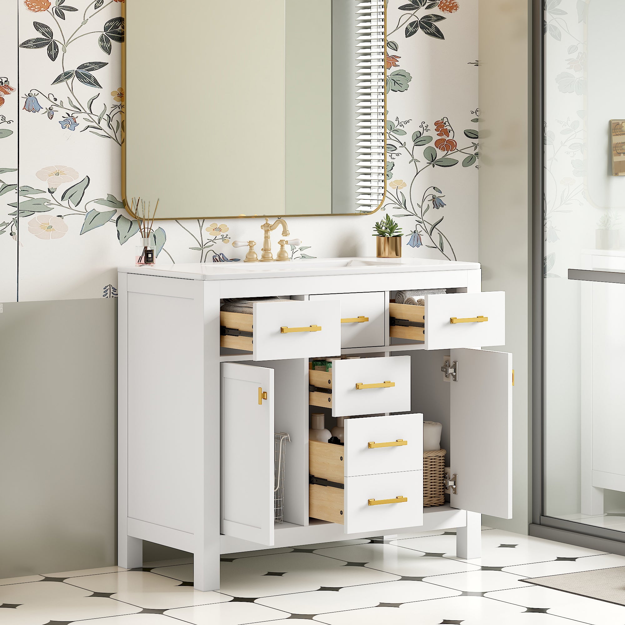 36'' Bathroom Vanity with Ceramic Sink Combo Set,Modern Freestanding Single Bathroom Cabinet with 4 Drawers & 2 Cabinets,Storage Cabinet for Bathroom, Solid Wood Frame Vanity Set, White