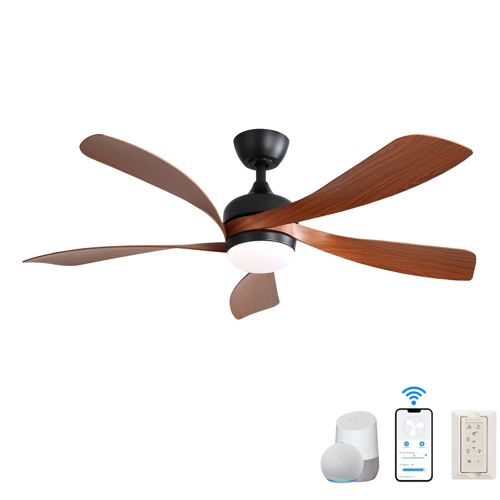 52 Inch Modern Ceiling Fan with 5 ABS Blades Noiseless Reversible DC Motor Black for Bedroom