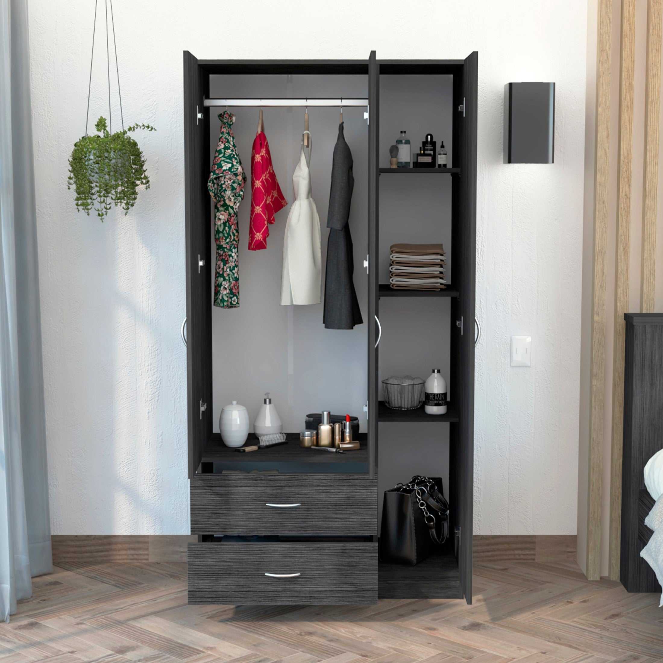 Austral 3 Door Armoire with Two Drawers, Shelves, and Hanging Rod - Smokey Oak . White