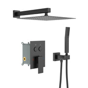 Dual Shower Head System with Rainfall Design, 10 Inch Wall Mounted Square Shower Set in Matte Black Finish, Stainless Steel and Brass Construction
