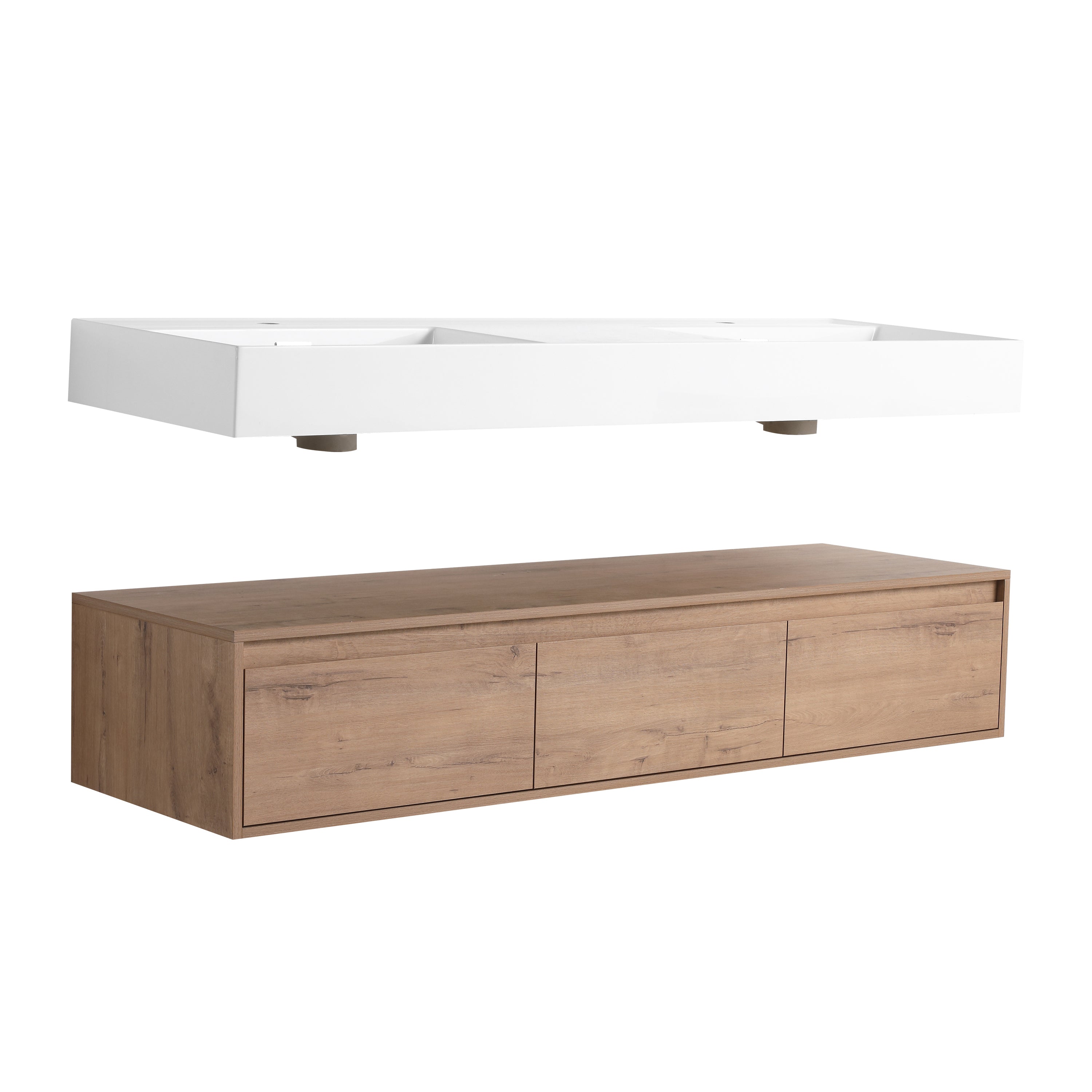 Contemporary Wall-Mounted Bathroom Vanity with Dual Resin Sink and Soft Close Drawer in Imitative Oak Finish, 60 Inches