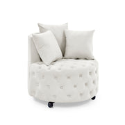 Velvet Upholstered Swivel Chair with Button Tufted Design and Movable Wheels, Including 3 Pillows, Beige