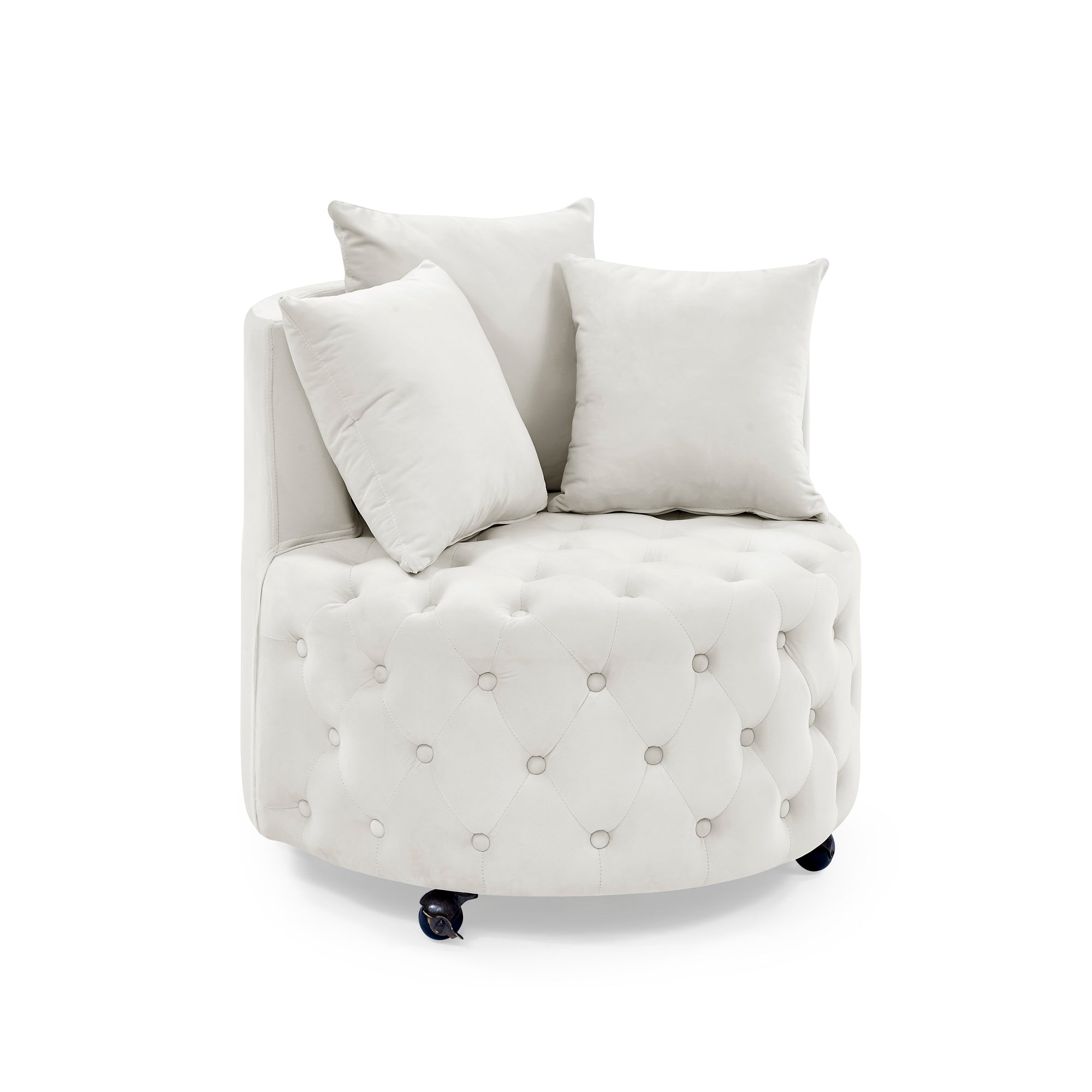 Velvet Upholstered Swivel Chair with Button Tufted Design and Movable Wheels, Including 3 Pillows, Beige