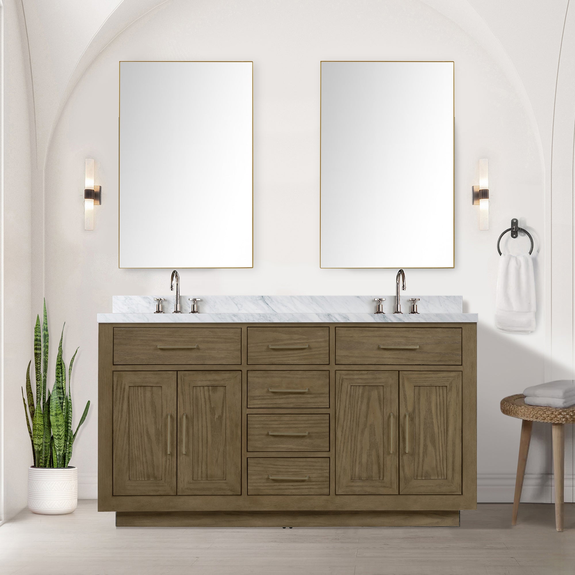 Grey Oak Double Bath Vanity 60 in. W x 22 in. D, Carrara Marble Top, and Faucet Set