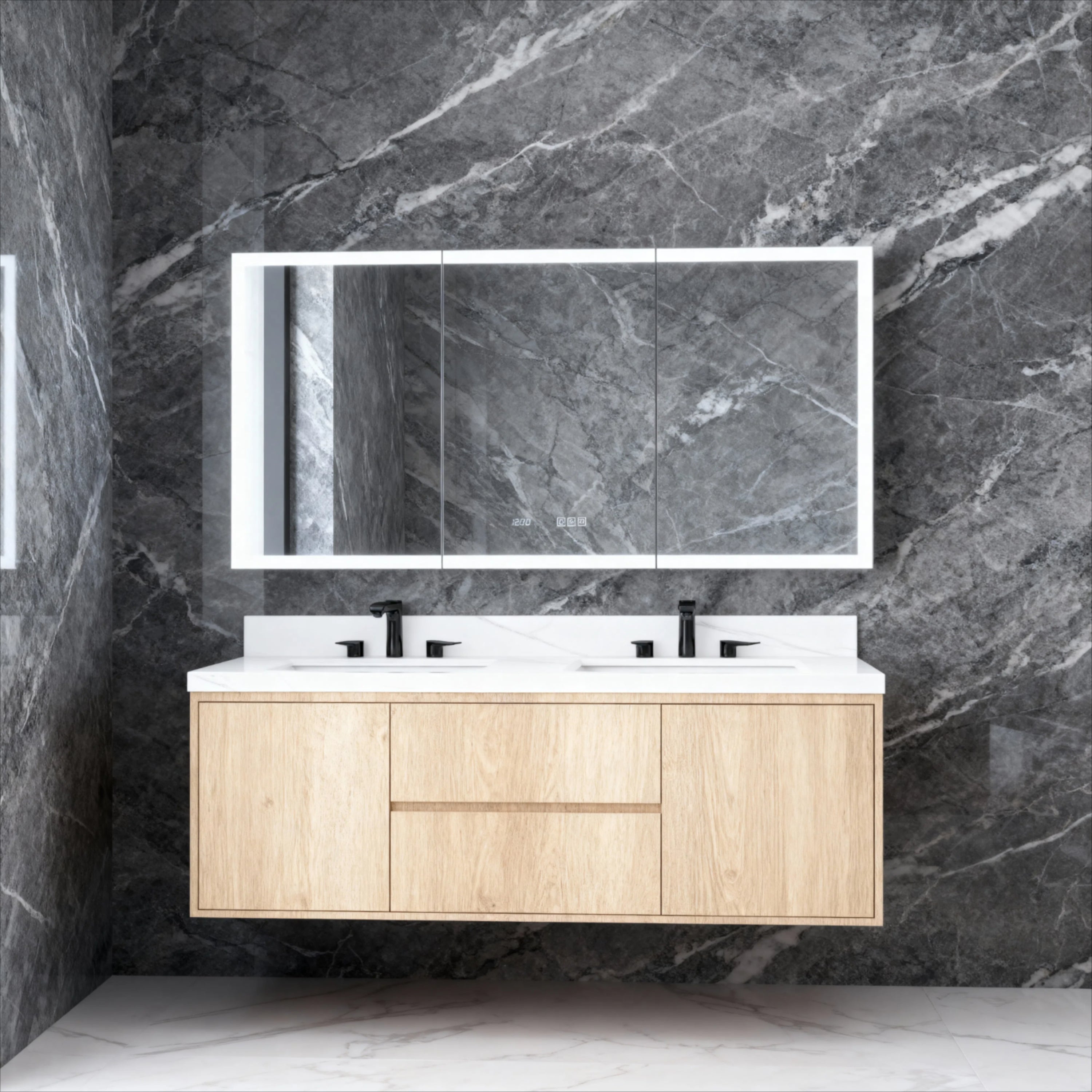 60 in. W x 30 in. H Rectangular Silver Aluminum Recessed/Surface Mount Medicine Cabinet with Mirror LED and Clock