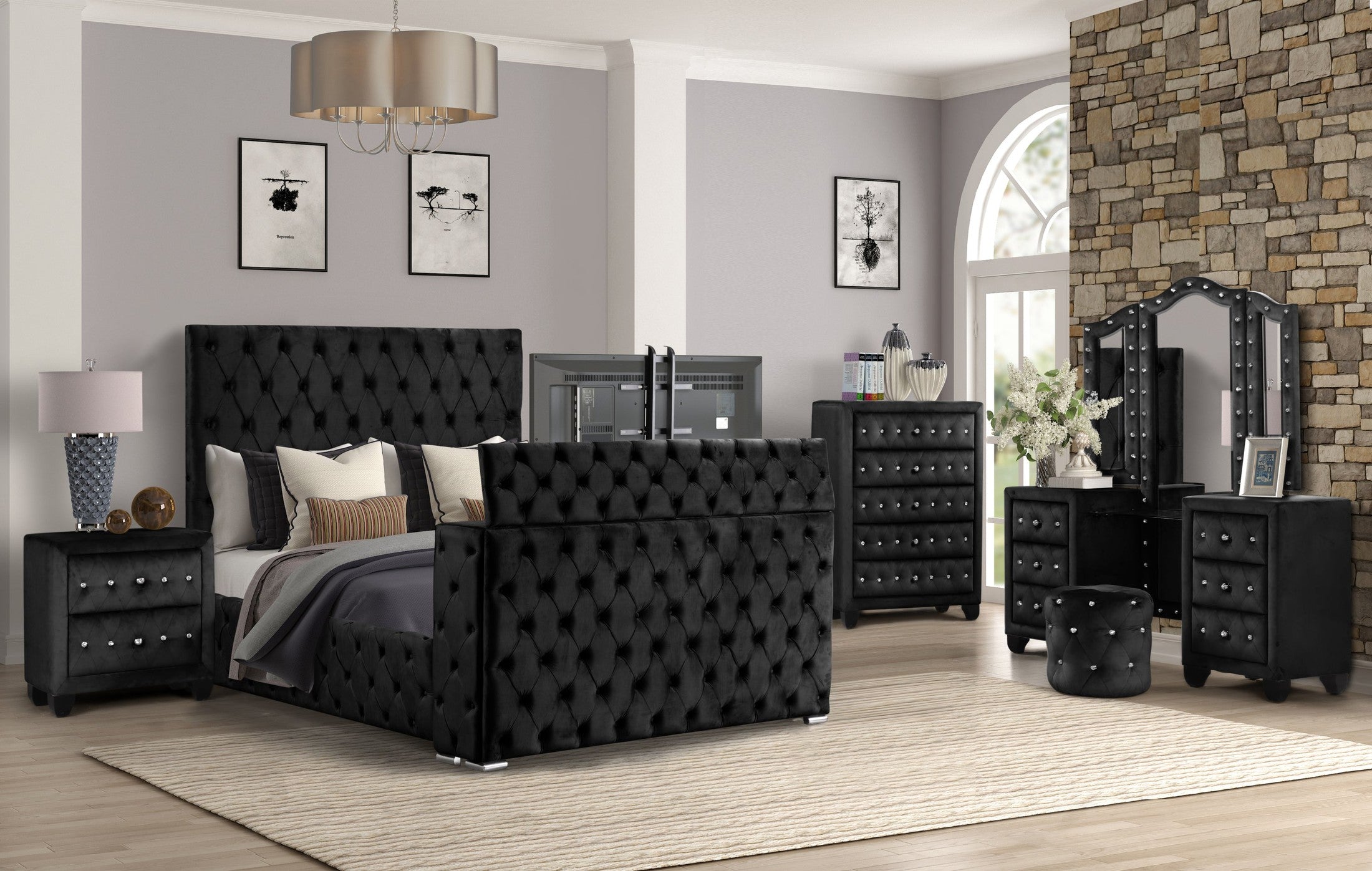 Encore Modern Style Tufted and Upholstered Queen 5PC Vanity Bedroom set made with wood in Black ( NJ Inventory)
