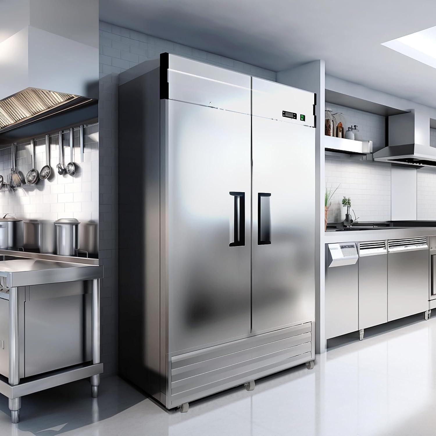 54'W 2 Door Commercial Freezer 49 Cu.Ft Dynamic Cooling OmniSmart Temperature Control -10℉~10℉ Self Closing Stainless Steel Reach-In Commercial Freezer Digital Thermostat LED Light 6 Shelves