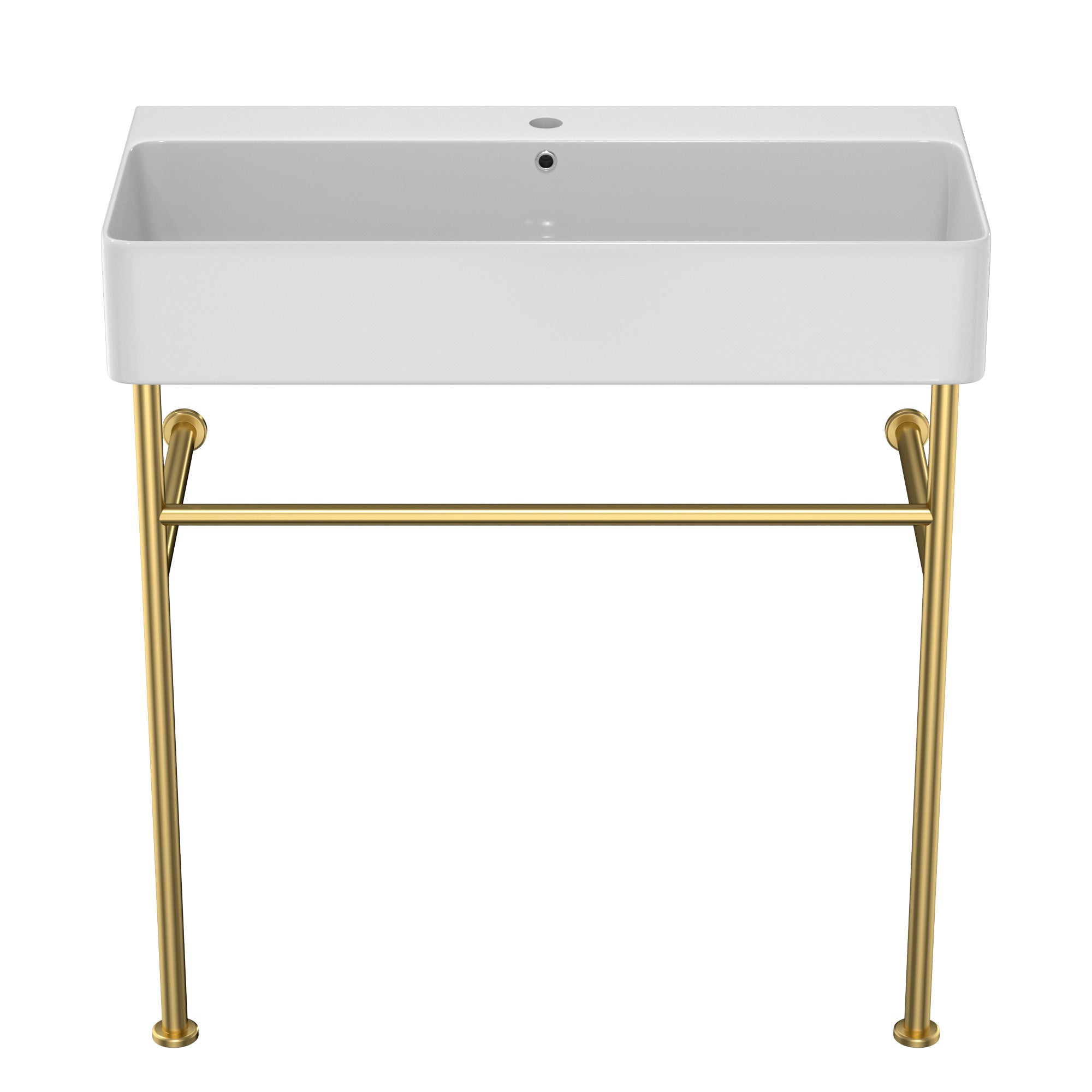 31.5' White Ceramic Bathroom Console Sink with Overflow - Gold Legs, Modern Vanity Basin