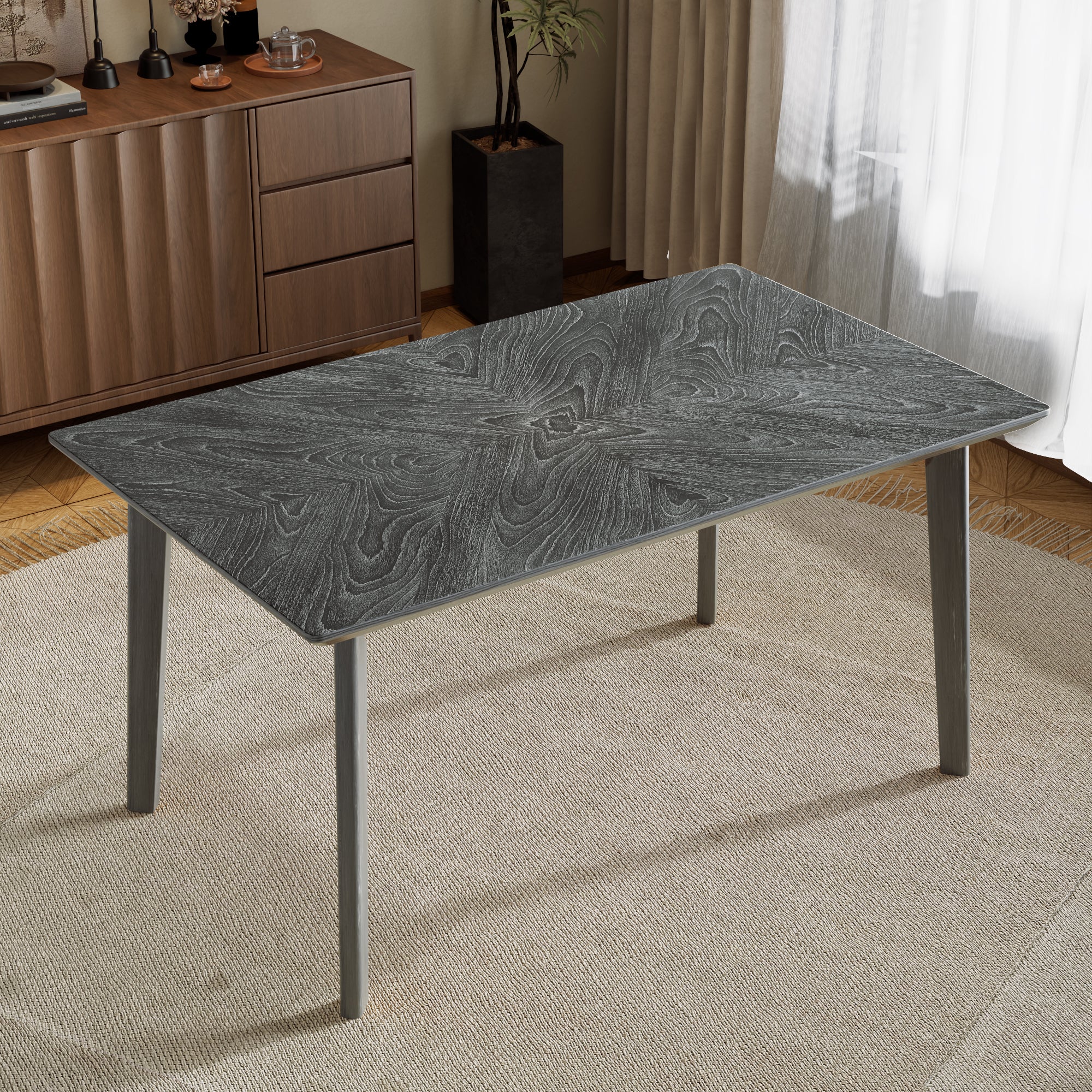 Retro Dining Table, Kitchen Room Table for 6, Minimalist Rectangular Dinette Table for Dining Room and Kitchen, Rubberwood Legs