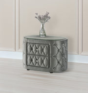 Luxurious 1pc Gray Oval Nightstand Plush Tufted Upholstery 8mm Tempered Glass Top Rounded Sides Two Storage Drawers Sparkling Knobs Wooden Bedroom Furniture Gray
