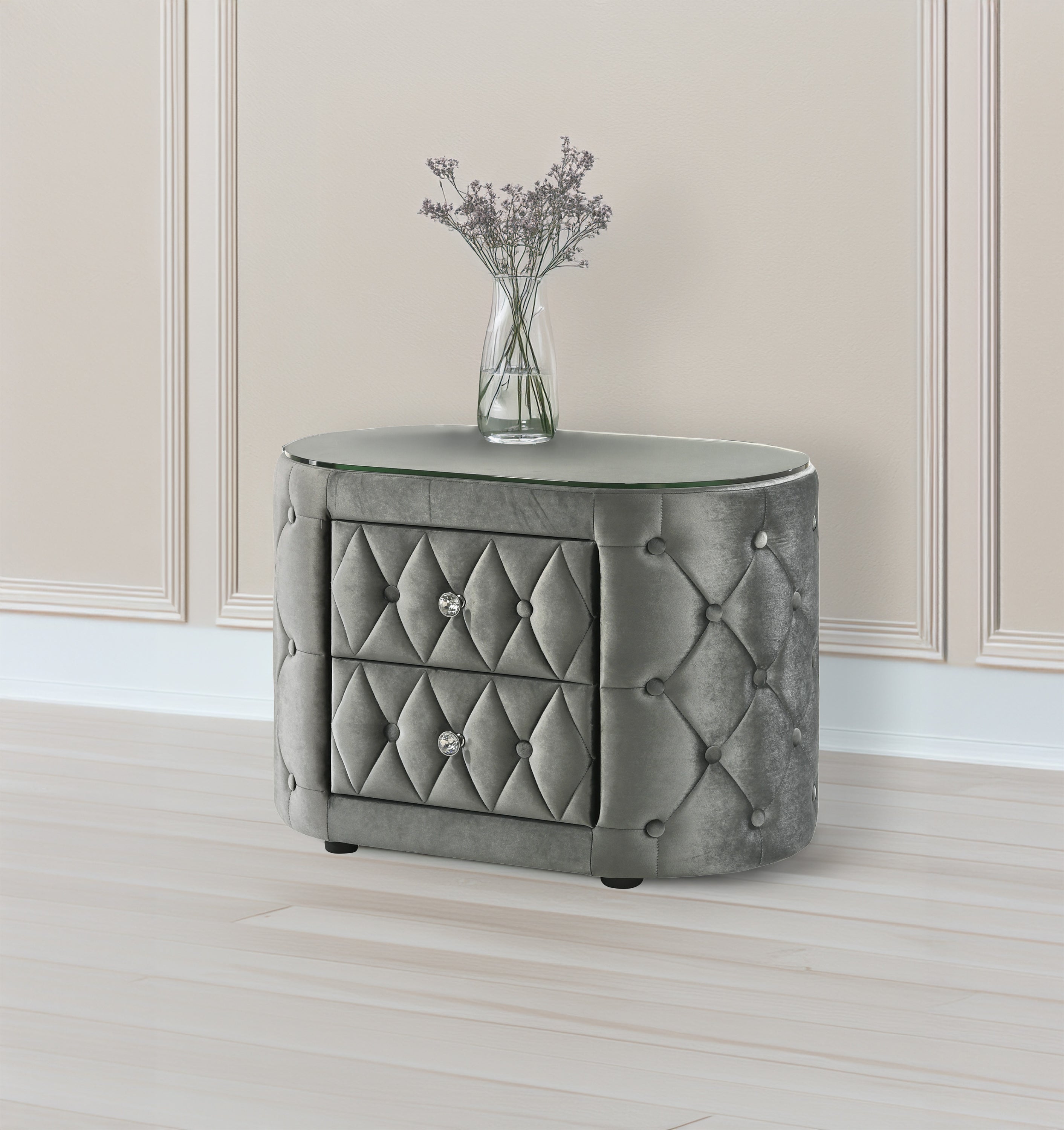 Luxurious 1pc Gray Oval Nightstand Plush Tufted Upholstery 8mm Tempered Glass Top Rounded Sides Two Storage Drawers Sparkling Knobs Wooden Bedroom Furniture Gray