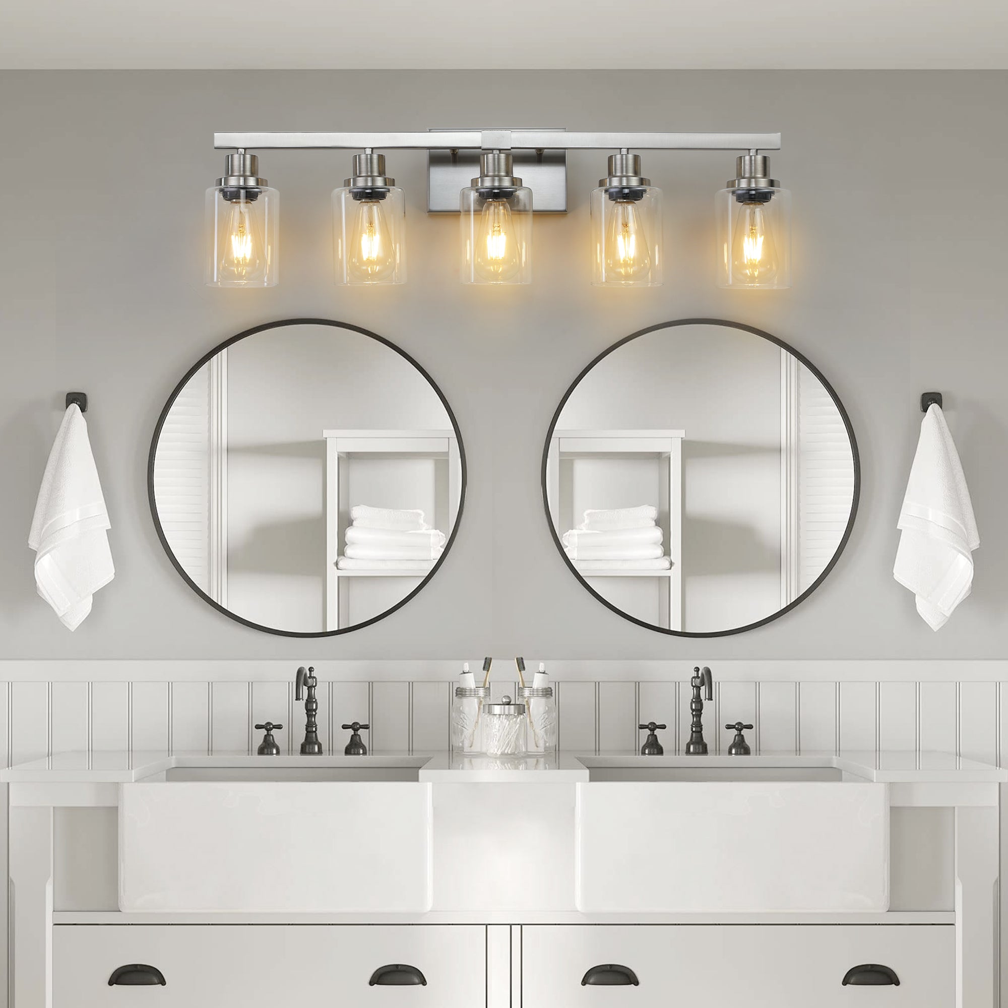 31' Modern 5-Light Bathroom Vanity Light Fixture - Brushed Nickel Finish with Clear Glass Shades, Perfect for Bathroom, Vanity, and Dressing Area Lighting (No Bulbs)