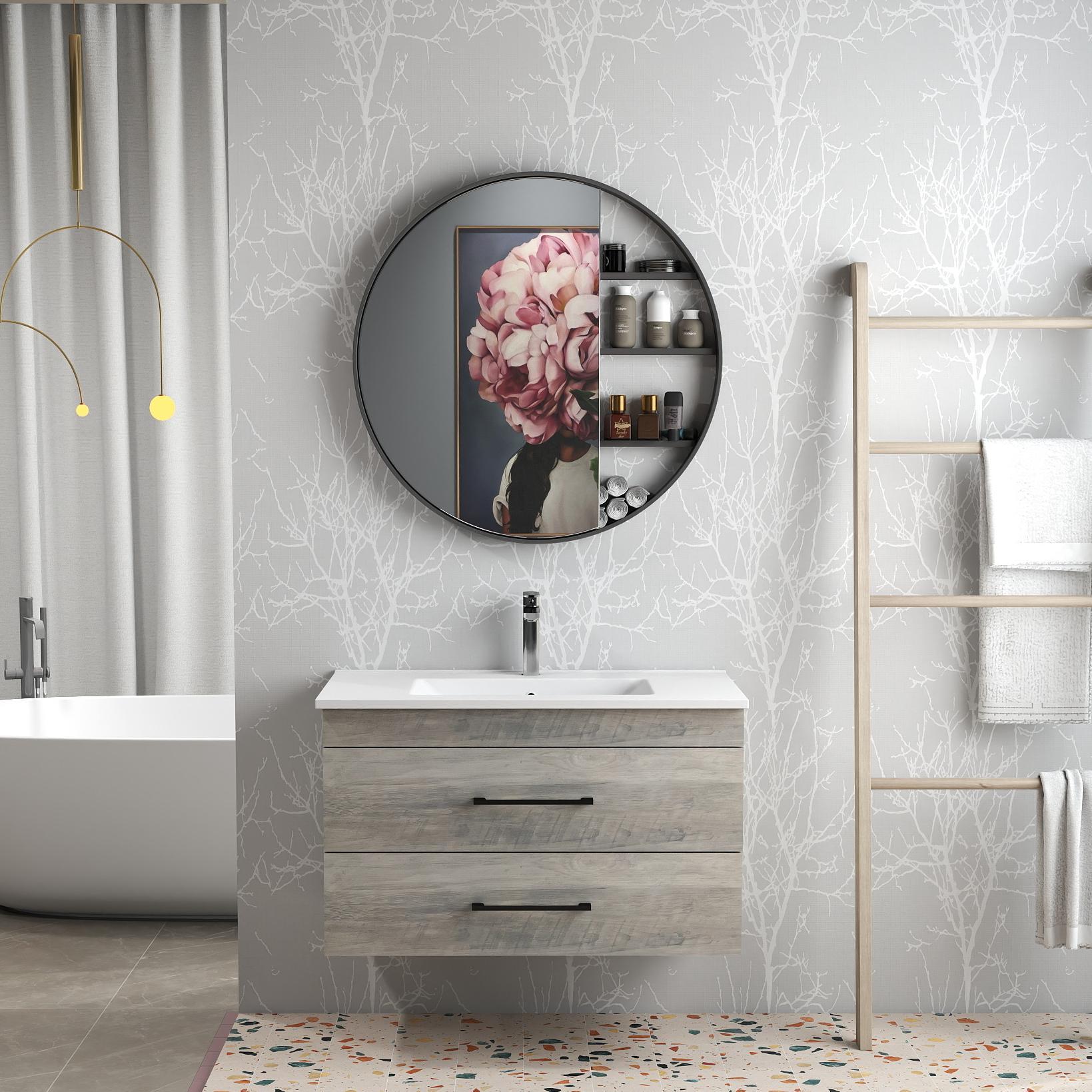 32-Inch Grey Wood Grain Wall-Mounted Bathroom Vanity with Double Drawers,Soft-Close System,White Ceramic Sink,   Create a Modern and Minimalist Bathroom Space,for Bathroom
