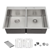 Modern Farmhouse Double Bowl Drop-in Sink with 50/50 Split Design in Brushed Nickel Stainless Steel, 33' x 22' x 10'