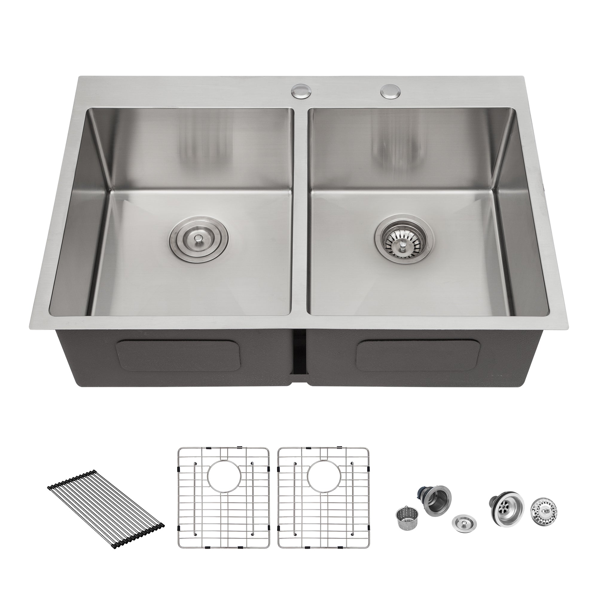 Modern Farmhouse Double Bowl Drop-in Sink with 50/50 Split Design in Brushed Nickel Stainless Steel, 33' x 22' x 10'