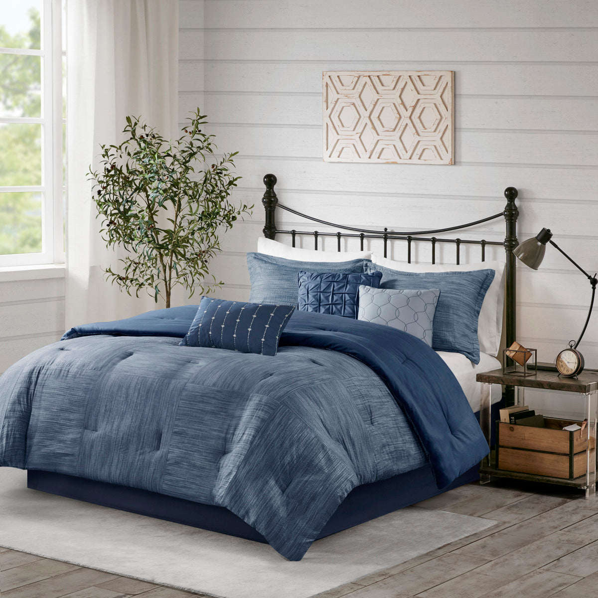 7 Piece Printed Seersucker Comforter Set Navy Queen