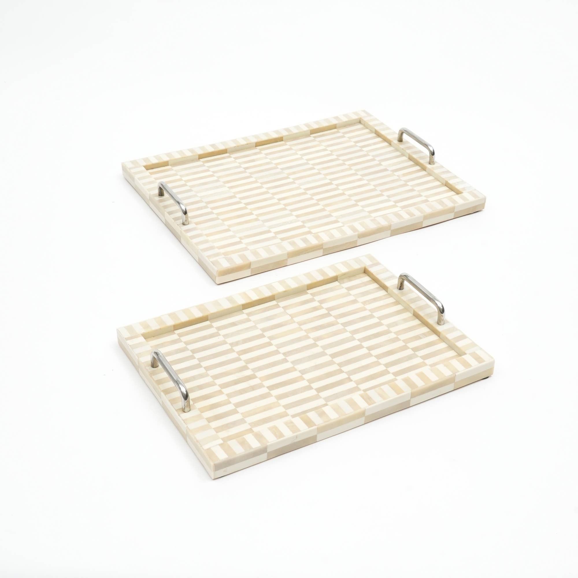 Handmade Bone & Resin Checkered Tray with Handle - Set of 2