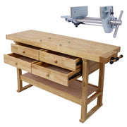 60in Workbench with 4 Drawers Wooden Workbench for Garage Workshop and Home, with Rapid Action Woodworking Vise  7 Inch Jaw Width Made with Heavy-Duty Cast Iron ,GRAY