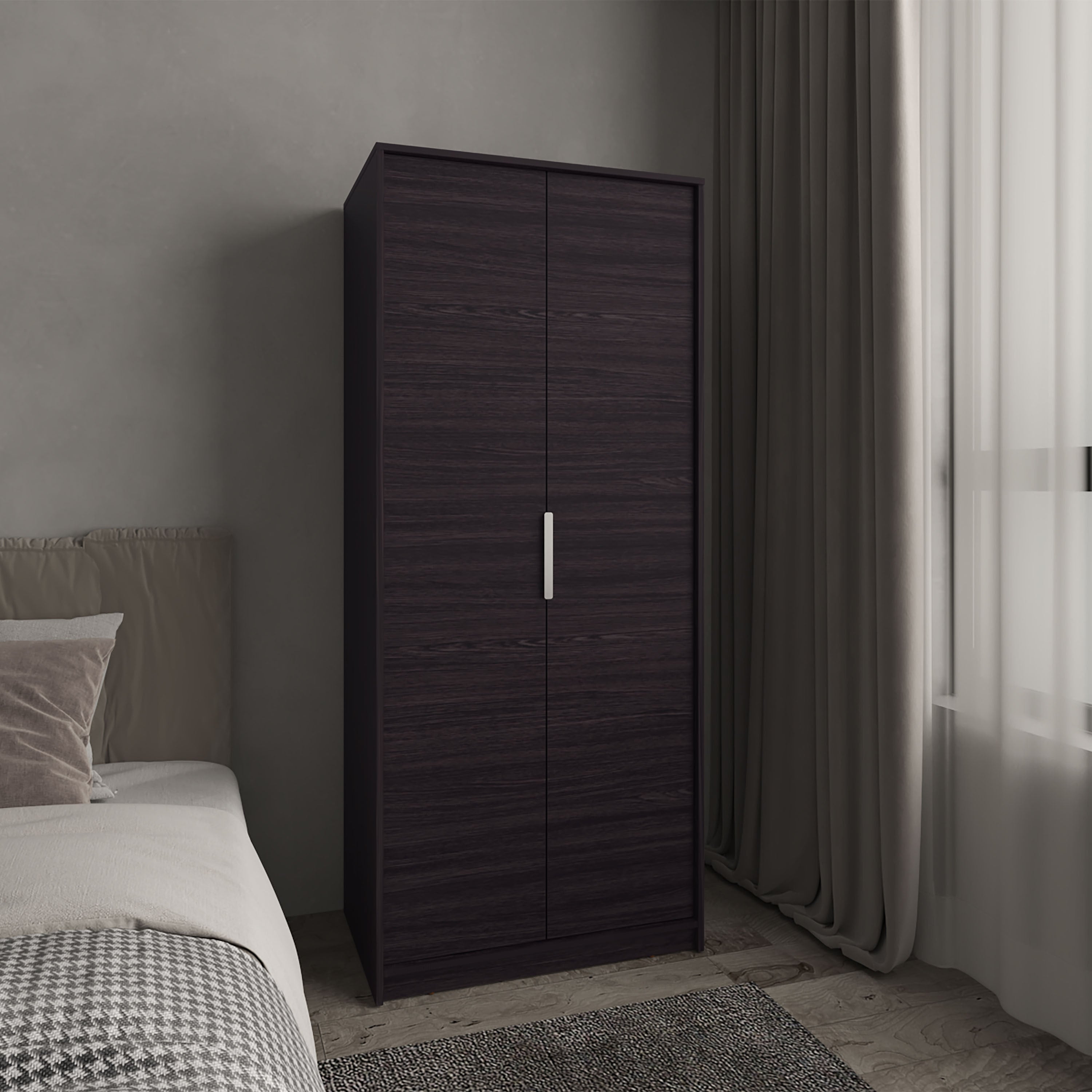 Wenden Armoire Double Doors, Hanging Rod And Interior Shelves, Freestanding Modern Wardrobe, Black