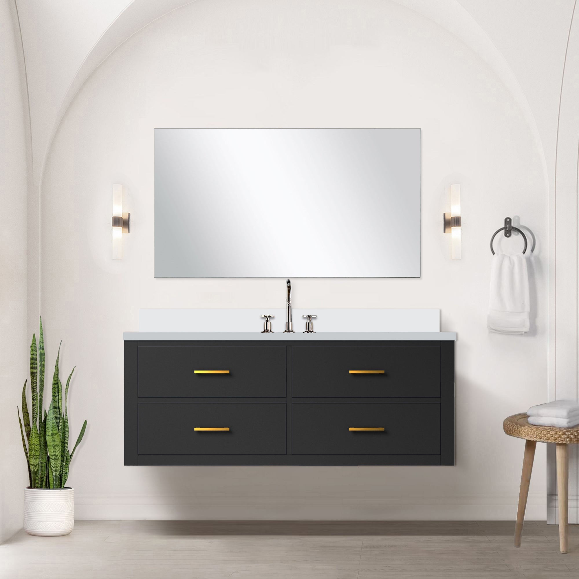 Black Single Bath Vanity 48 in. W x 22 in. D, White Quartz Top, and Faucet Set