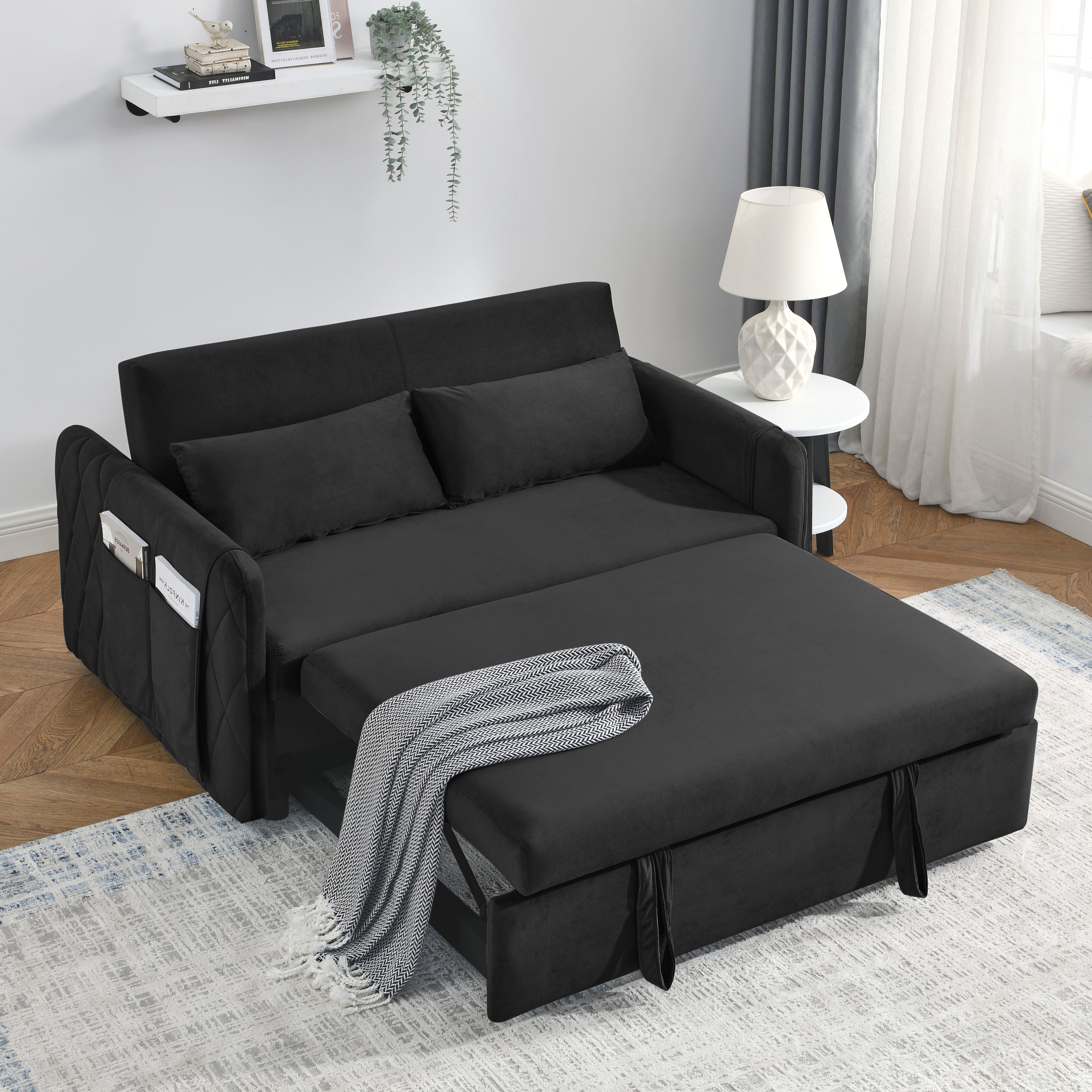 55' Modern Convertible Sofa Bed with 2 Detachable Arm Pockets, Velvet Loveseat Sofa with Pull Out Bed, 2 Pillows and Living Room Adjustable Backrest, Grid Design Armrests
