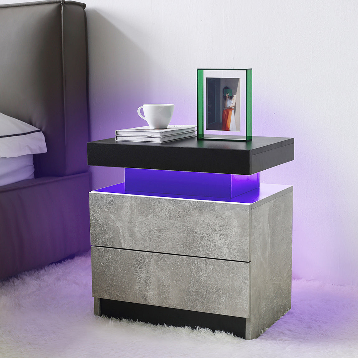 Nightstand LED Bedside Table Cabinet Lights Modern End Side with 2 Drawers for Bedroom (Black+Gray)