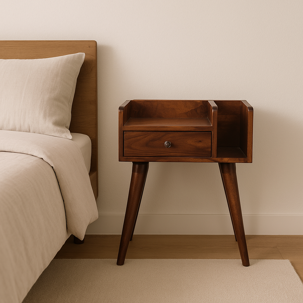 Chestnut Collective Nightstand,1-Drawer, 2 Open-Slots, Nordic Legs, Light Brown