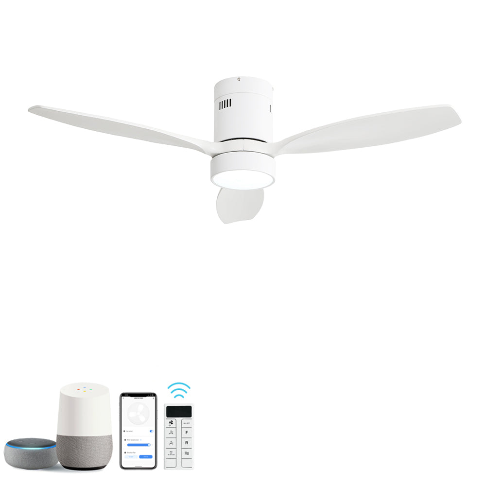 52 Inch Flush Mount Ceiling Fan Solid Wood Fan Blade Noiseless Reversible Motor Smart Remote Control With Light