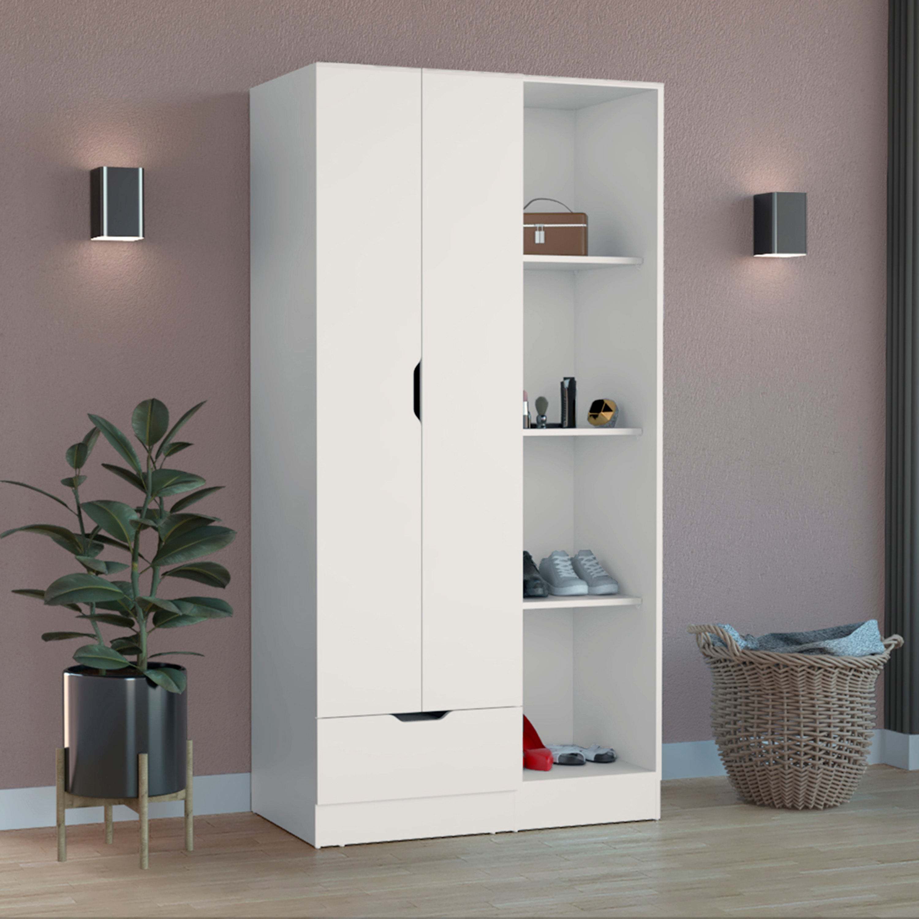 Armoire 71'H with 1-Drawer and 4-Tier Open Shelves, 2 Doors, White