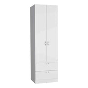 Modern White Engineered Wood Armoire Wardrobe with Hanging Rod, 2 Drawers, and 1 Shelf, 76.8' H