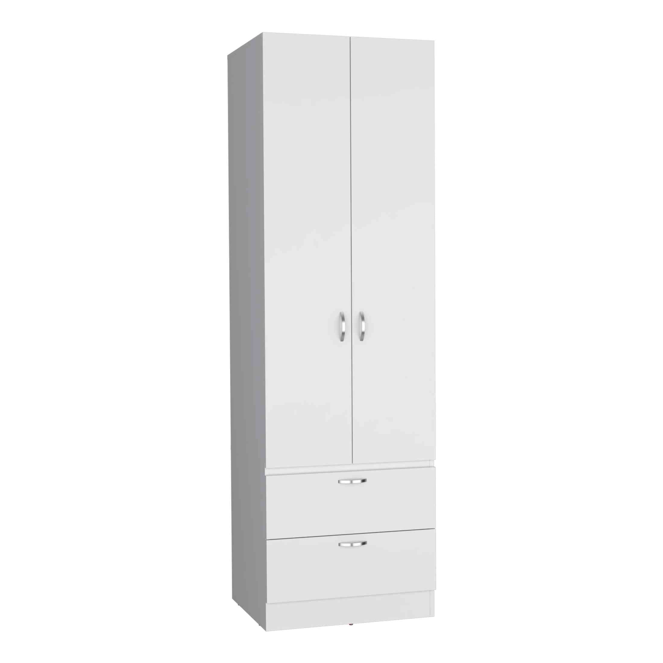 Modern White Engineered Wood Armoire Wardrobe with Hanging Rod, 2 Drawers, and 1 Shelf, 76.8' H