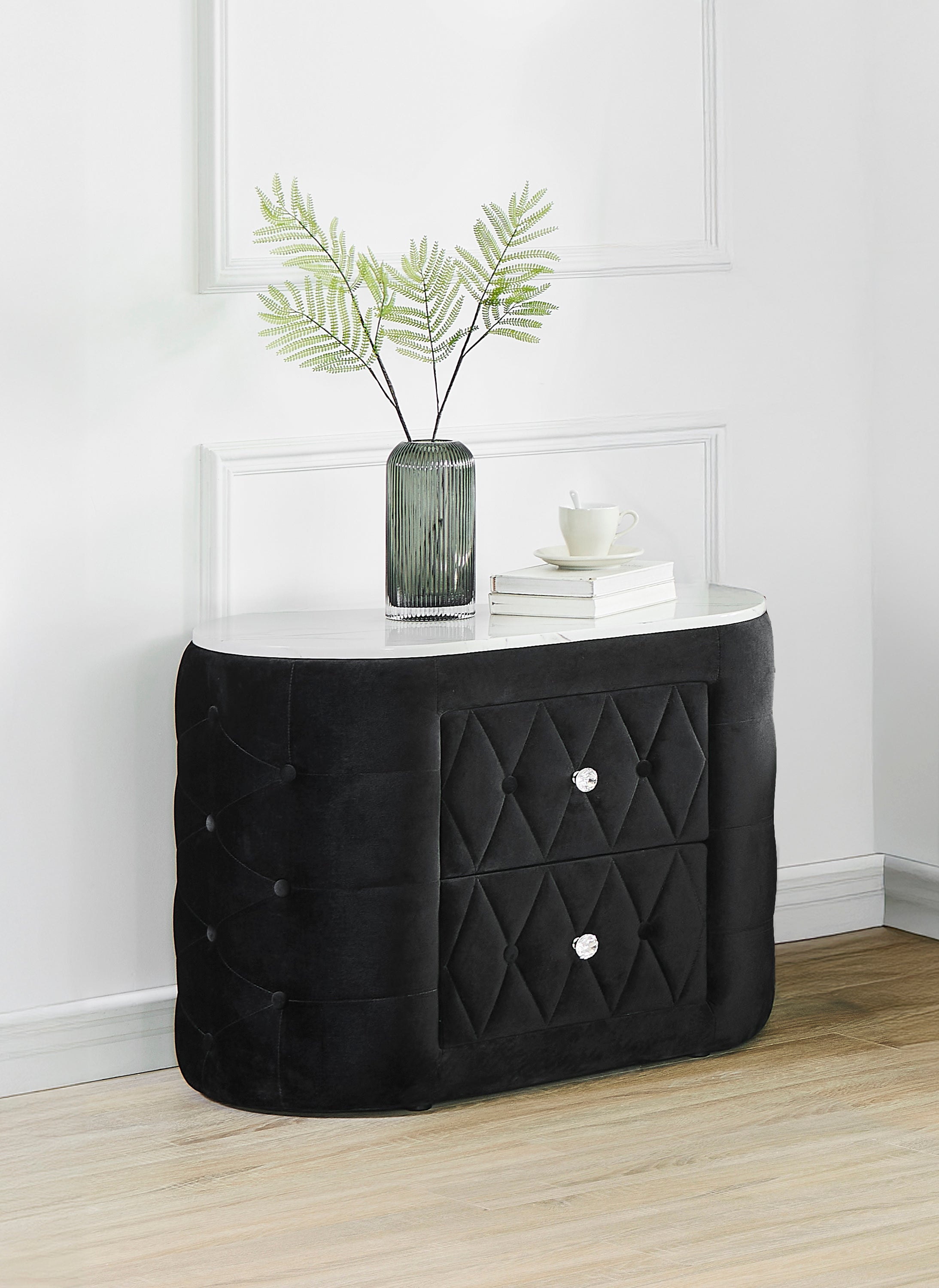 1pc Black Nightstand Upholstery Fabric Marble Top Two Storage Drawers Wooden Bedroom Furniture Oval Black