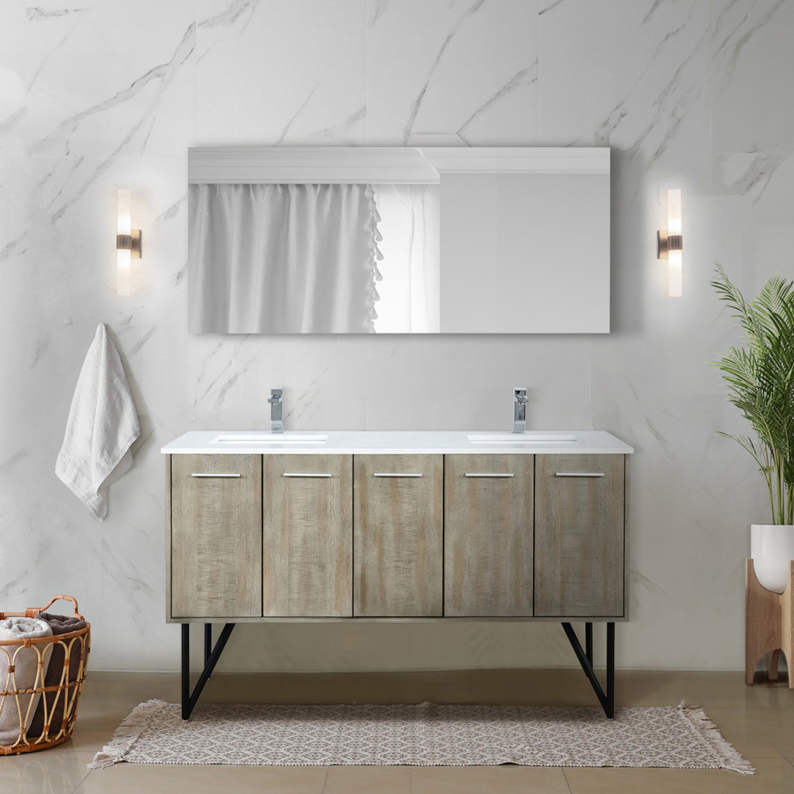 Rustic Acacia Double Bath Vanity 60 in. W x 20 in. D, Cultured Marble Top and Chrome Faucet Set