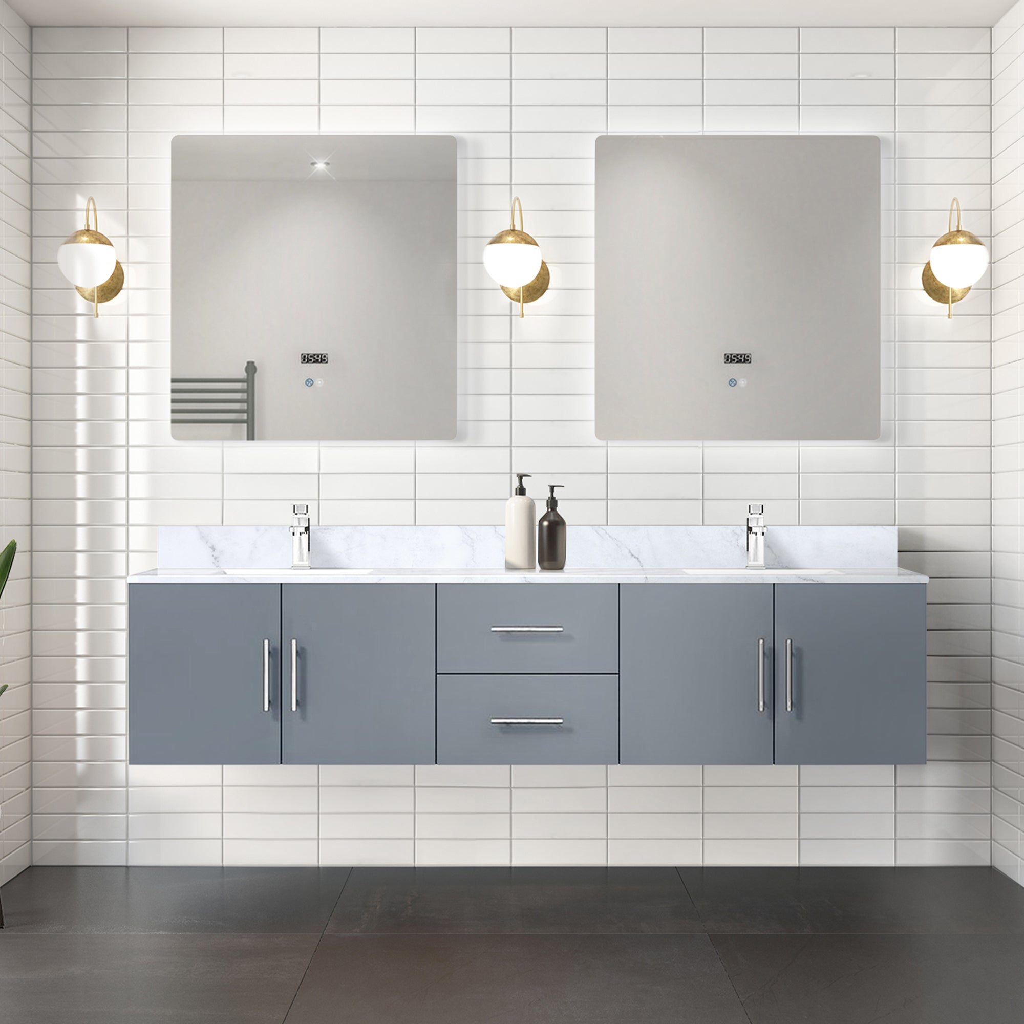 Dark Grey Double Bath Vanity 80 in. W x 22 in. D, Carrara Marble Top, and Faucet Set
