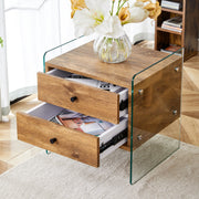 Double-drawer bedside table.The board surface is MDF with wood grain sticker, and both sides are tempered glass. The design is simple and elegant, with excellent storage functions.