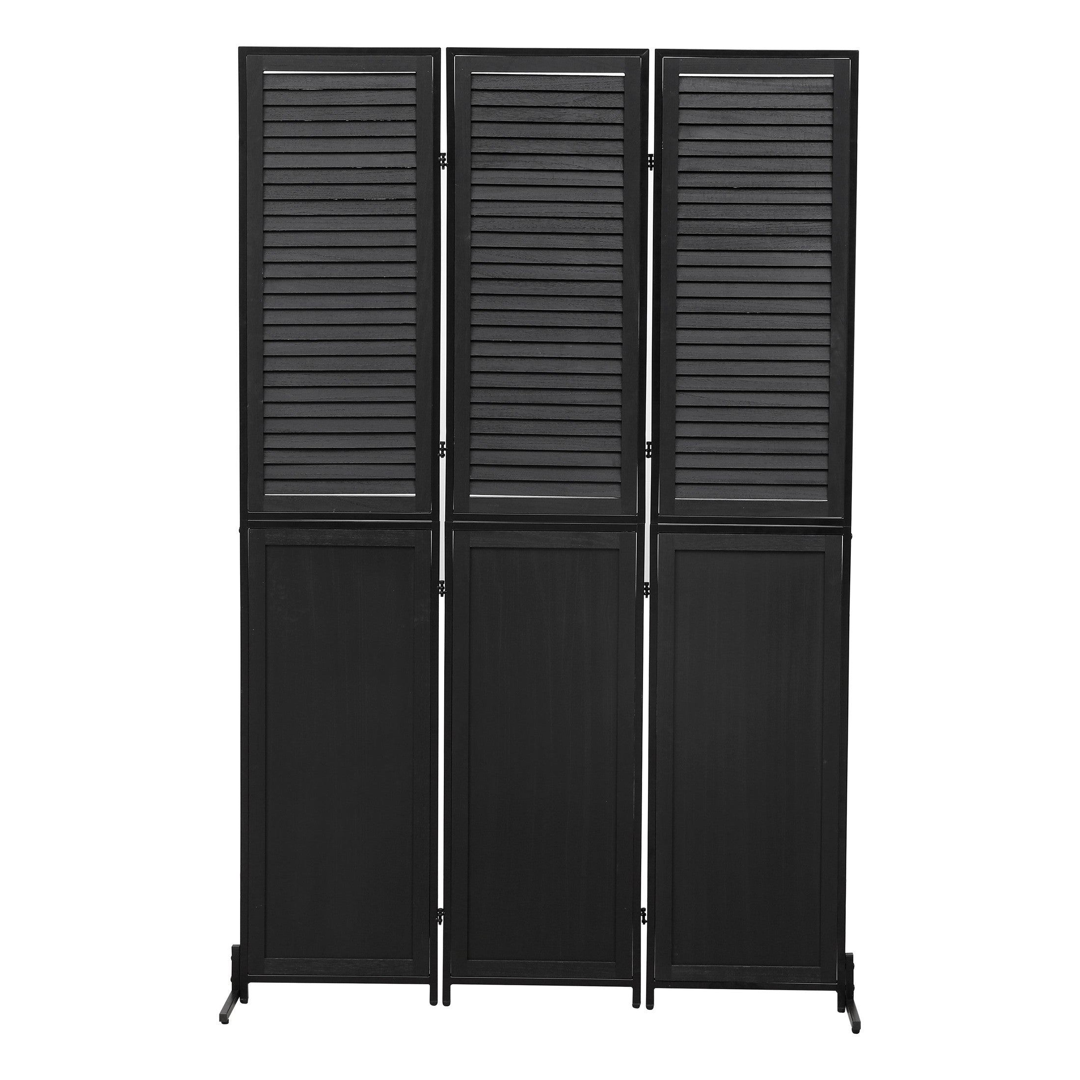 Rustic 3 Panel Room Divider 6Ft Wood Folding Privacy Screen Black with Metal Frame and Louver Design