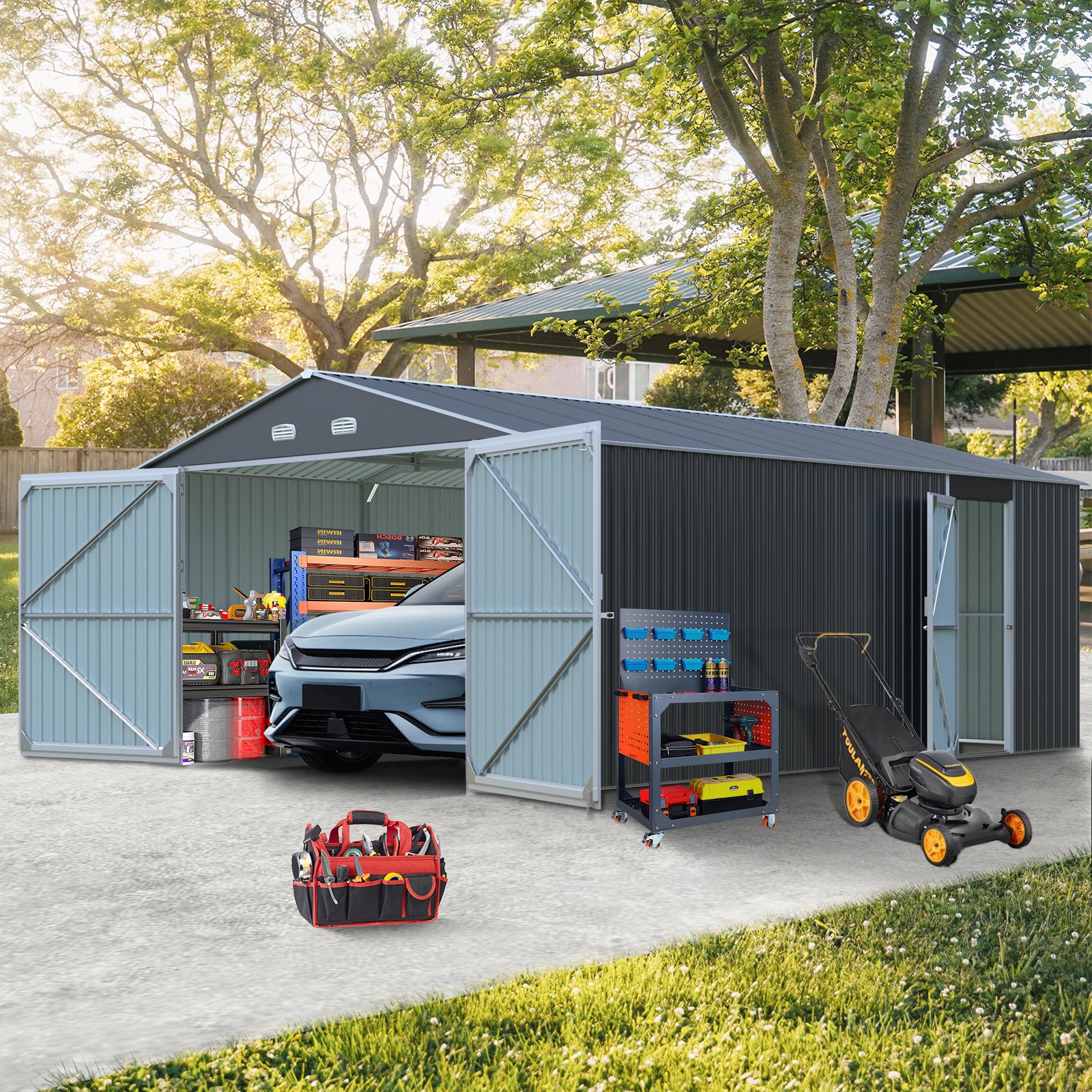 13x20FT Outdoor Storage Shed, Large Metal Garage Shed for Car, Truck, Bike, Lawnmower, Backyard Tool