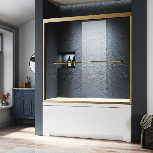 Glass Bathtub Shower Door 56-60 in. W x 62 in. H, Brushed Gold Semi Frameless Double Bathtub Door,Certified SGCC ANSI Clear Tempered Glass,Stainless Steel Handles