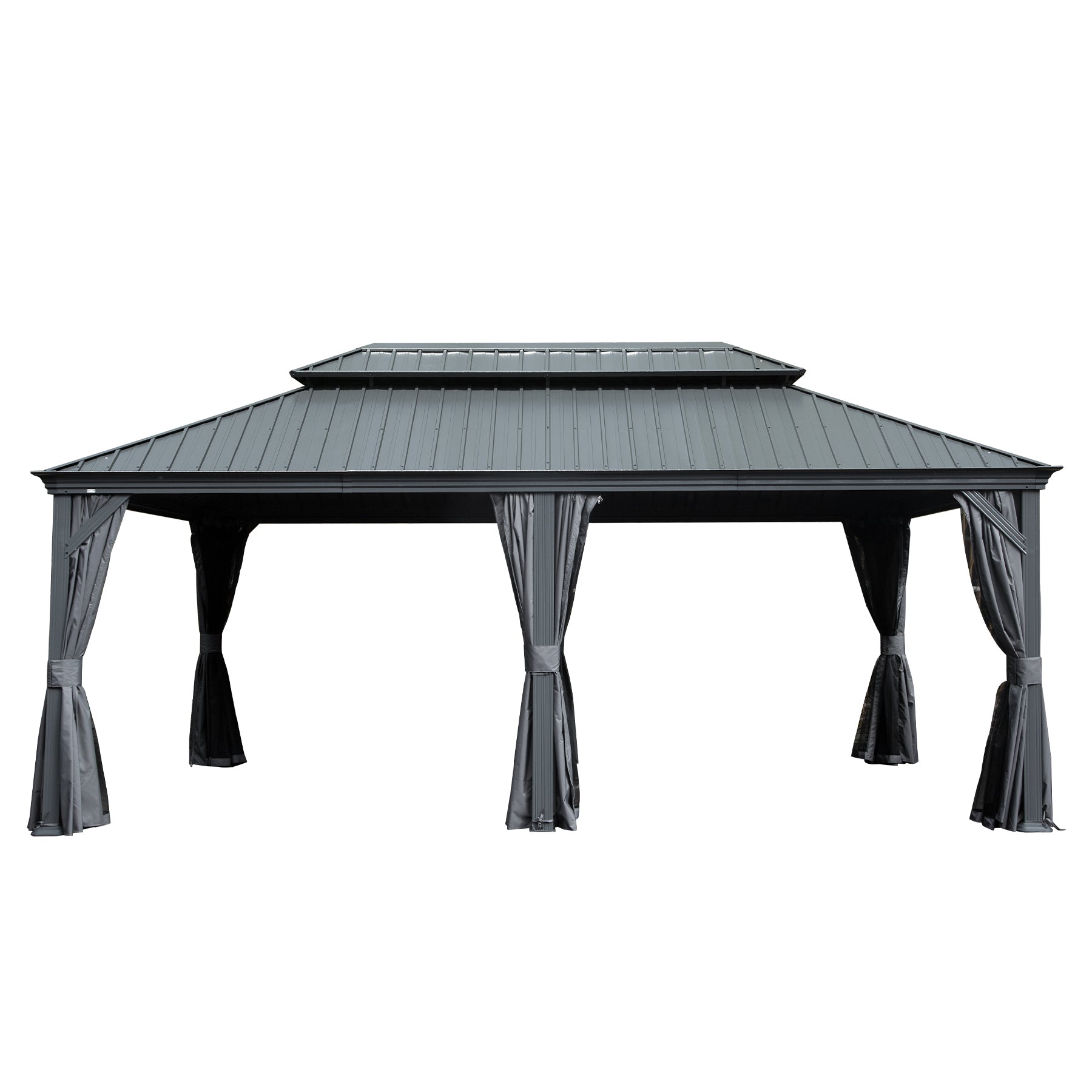 12' X 18' Hardtop Gazebo, Upgraded Metal Gazebo with Drainage System, Dual-Layer Galvanized Steel Roof, Curtain and Netting, Outdoor Shelter Canopy for Patio, Garden, and Backyard, Grey