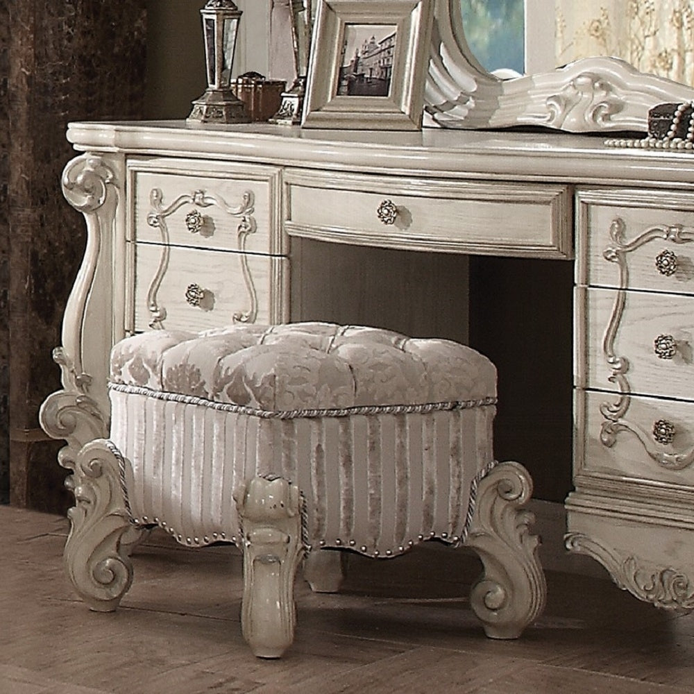 Ivory and Bone White Vanity Stool with Nailhead Trim