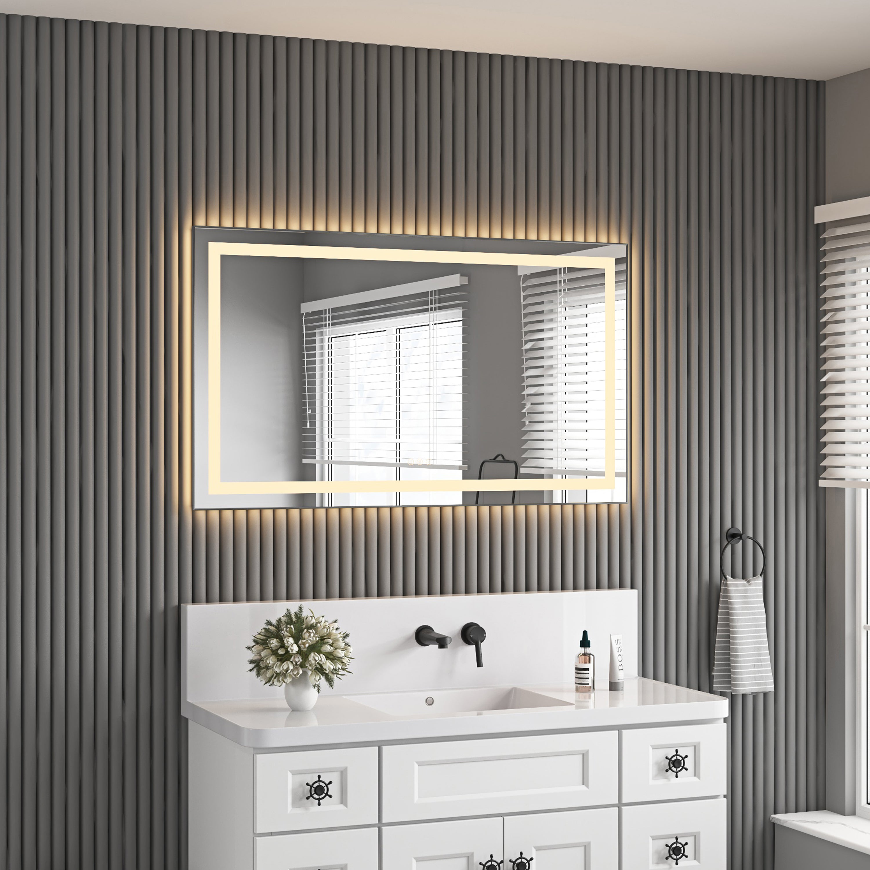 48' x 28' LED Bathroom Mirror with Front and Backlight, Wall Mounted Vanity Mirror with Aluminum Frame, Anti-Fog, Memory, 3 Colors, Stepless Dimmable
