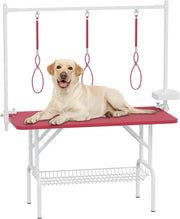 47''Large Dog Grooming Table, Foldable Pet Station at Home, Dog Grooming Table,Adjustable Cat Drying Desktop with Arms, Nooses, Mesh Tray (47Inch Pet Grooming Table Pink)