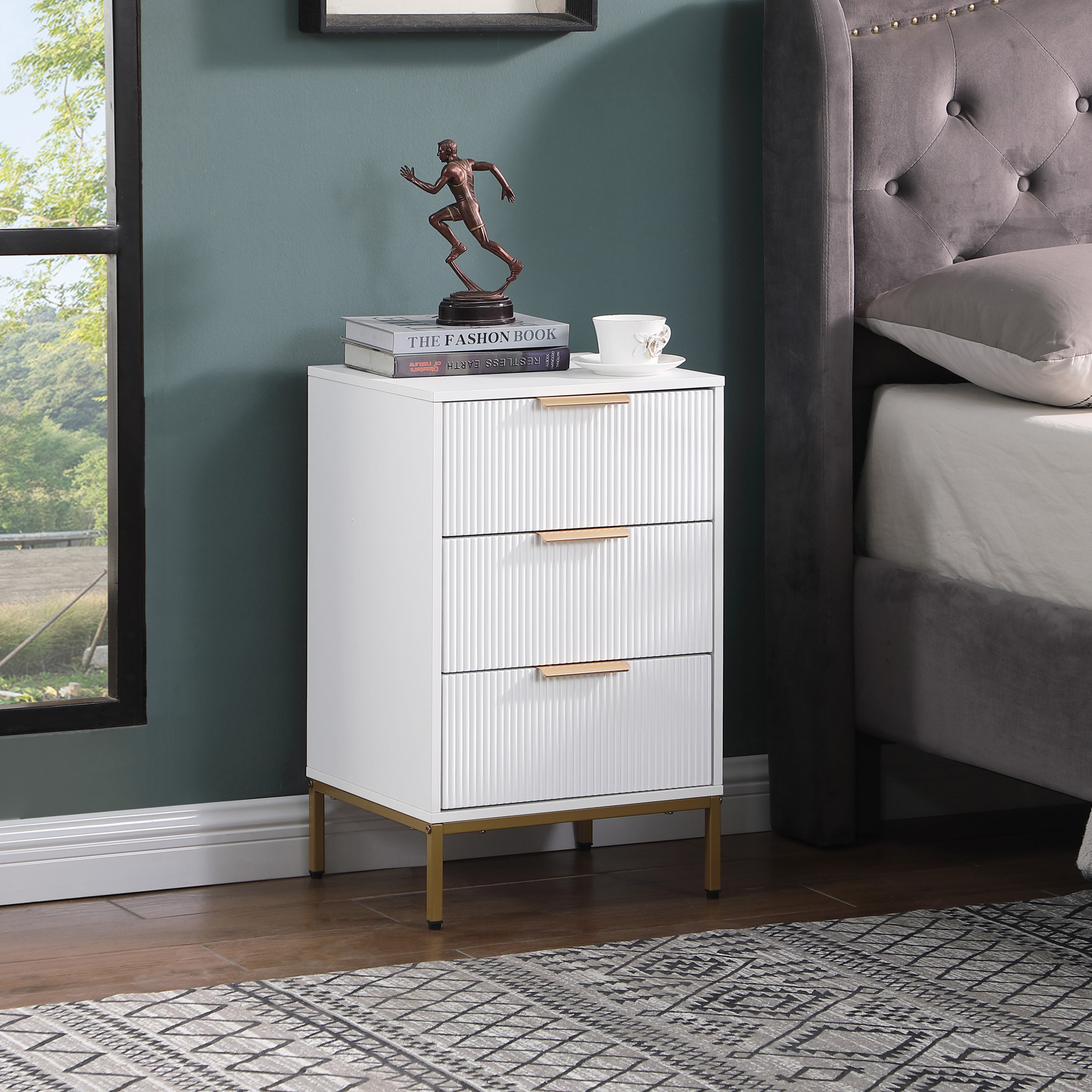 Nightstand with 3 Drawers,Mid-Century Modern End Table,Bedside Table, Gold Metal Legs,Gold Metal Handles,Wavy Drawer PanelsEnd Table for Bedroom White