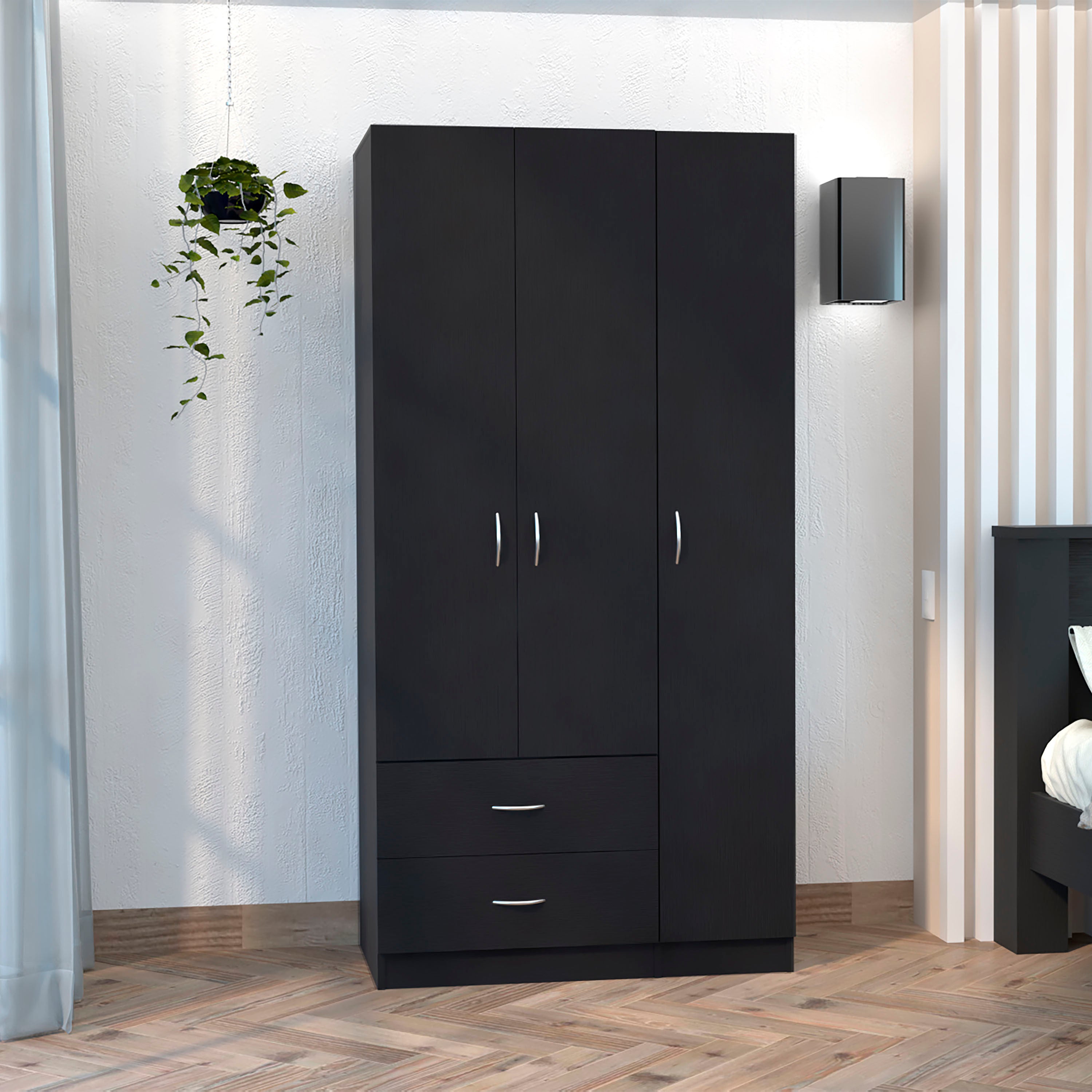 Austral 3 Door Armoire with Two Drawers, Shelves, and Hanging Rod - Black