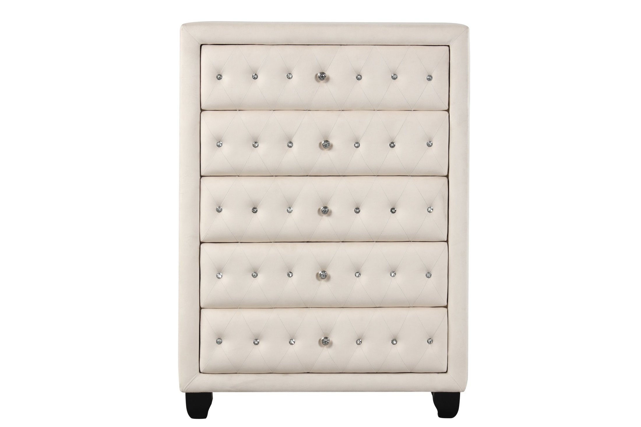Sophia Modern Style Crystal Tufted Upholstery 5-Drawer Chest finished with Velvet Fabric made with Wood in Cream same as B009136651 (G is CA inventory)
