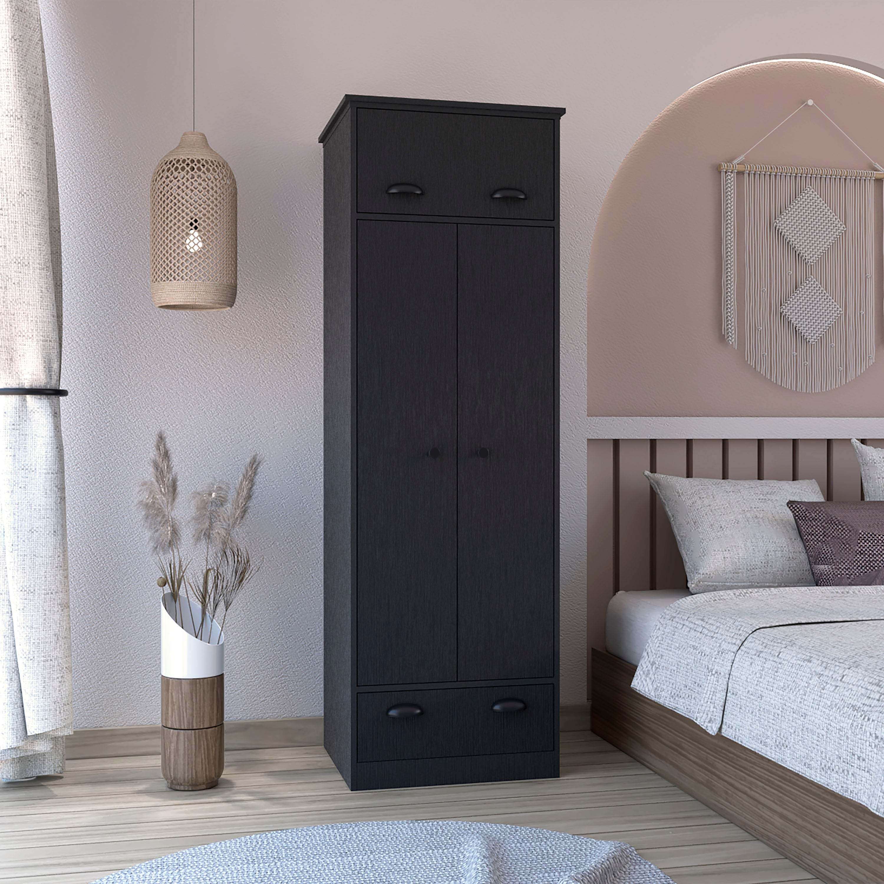 Dresser-closet with upper storage covered with 1 door, 2 central shelves, 1 tube for hanging clothes covered by 2 doors, 1 drawer at the bottom, Black